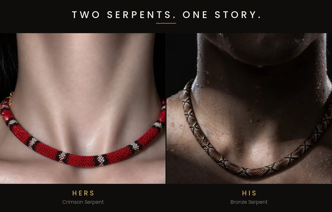 Two people wearing crimson and bronze Serpent Statement Necklaces